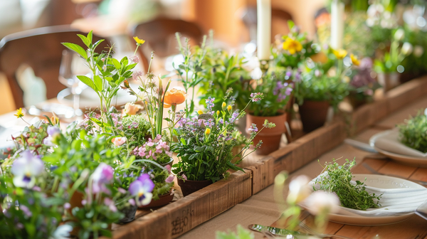 Herb garden centerpice of a spring table decorations setup.