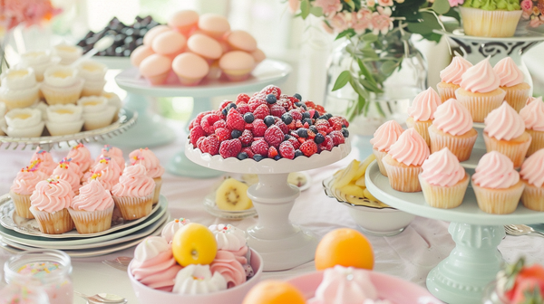 Dessert station featuring fruits and pastries.