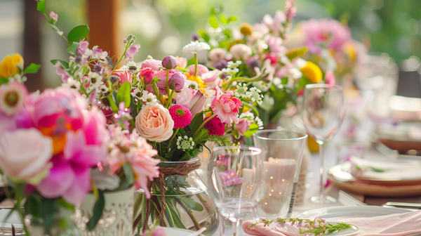 Floral spring table decorations with lush pink arrangements.