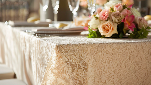 Lace-covered table with floral spring table decorations.