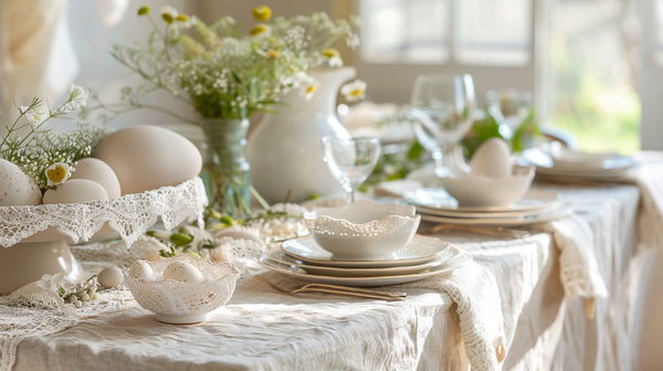 Easter Table Setting Featuring Lace and Linen Decor