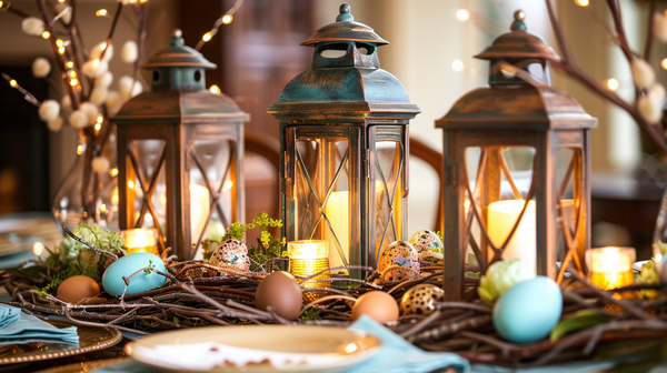 Easter Table Setting Featuring Lantern Centerpieces