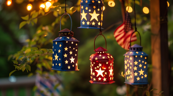 4th of July evening ambiance with star-patterned lanterns hanging outdoors.