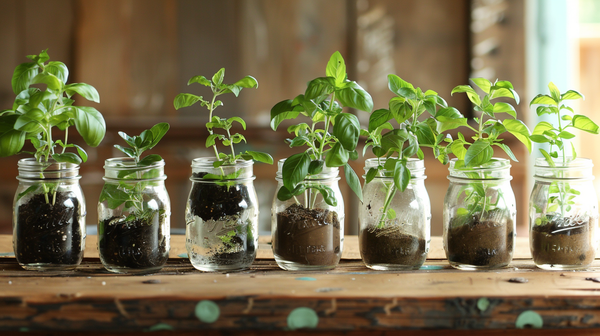 Mason jar herb gardens as fresh spring table decorations.