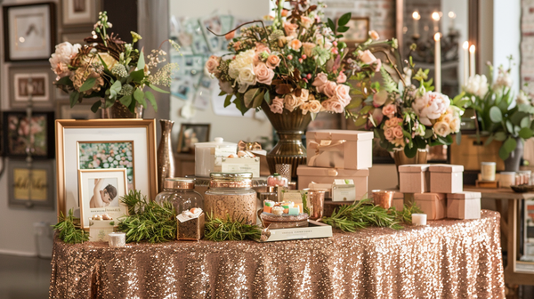 Elegant gifts display, Mother's Day party ideas.