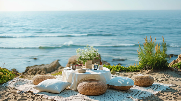 Seaside picnic setup, Mother's Day party ideas