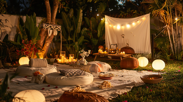 Outdoor movie setup, a cozy Mother's Day party idea.