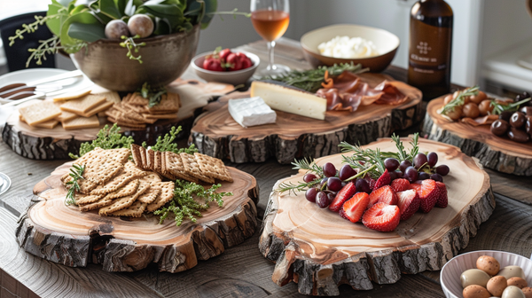 Rustic wood platters for spring table decorations with snacks.