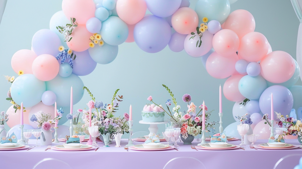 Easter Table Setting Highlighting A Pastel Balloon Arch