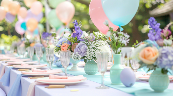 Balloon-filled spring themes at a pastel-colored table