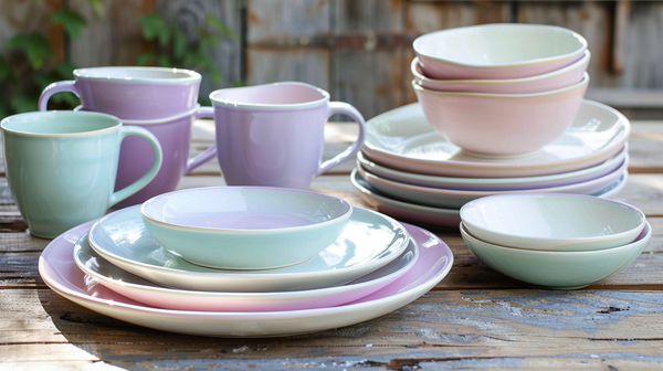 Pastel tableware in pastel hues on a spring table decorations setup.