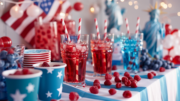 Patriotic drink station with vibrant 4th of July decor.