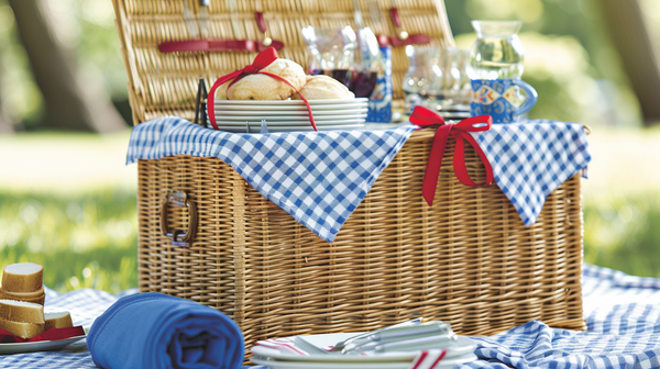 4th of July picnic basket with blue and white checkered cloth.