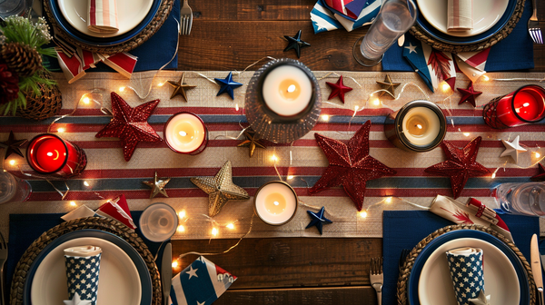 Table Decorations for 4th of July with stars and festive lights.