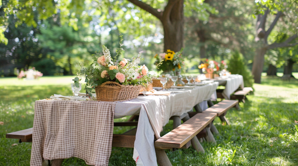 Rustic picnic with spring themes under a canopy of trees.