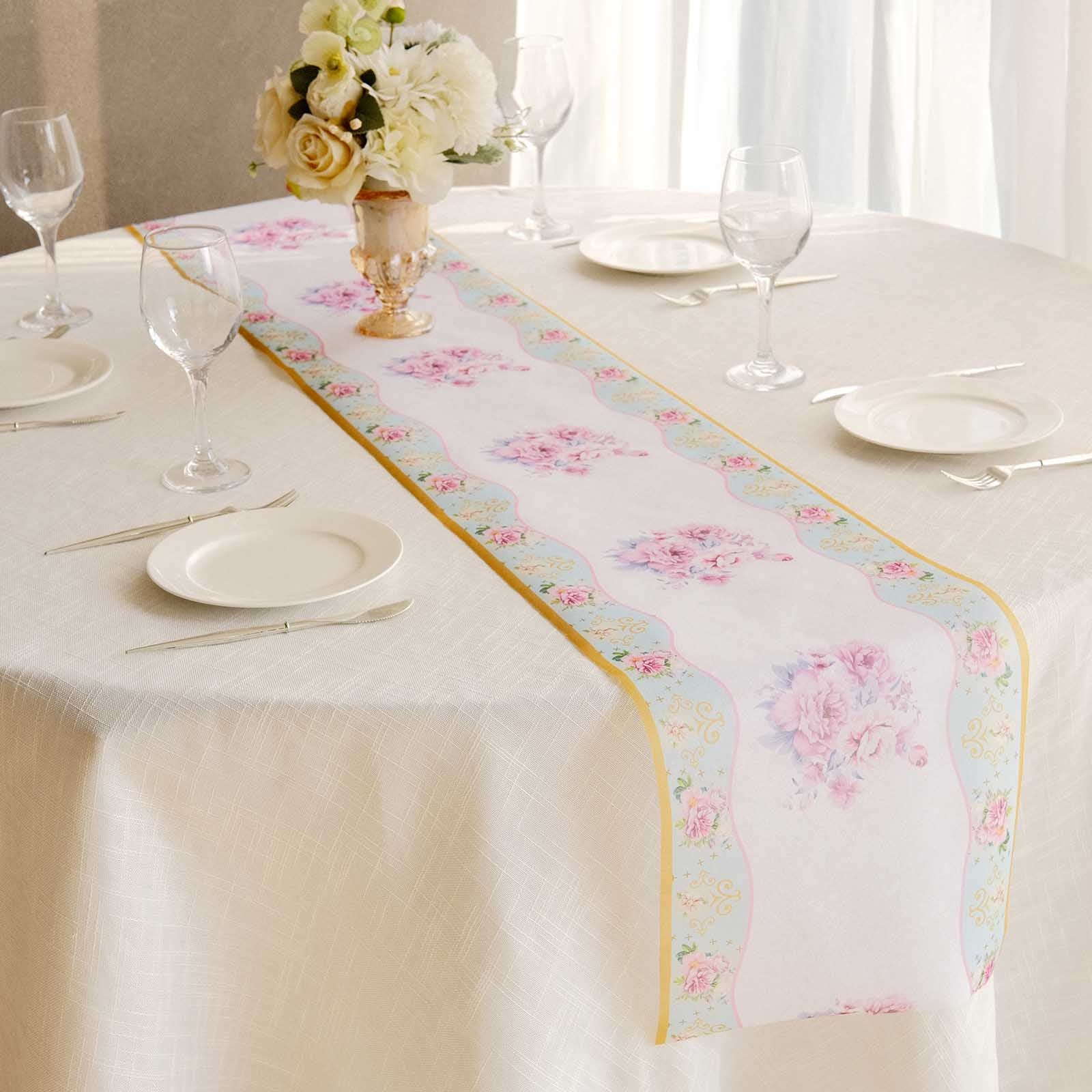 Image of 11"x108" White Pink Non-Woven Peony Floral Table Runner with Gold Edges, Spring Summer Kitchen Dining Table Decoration