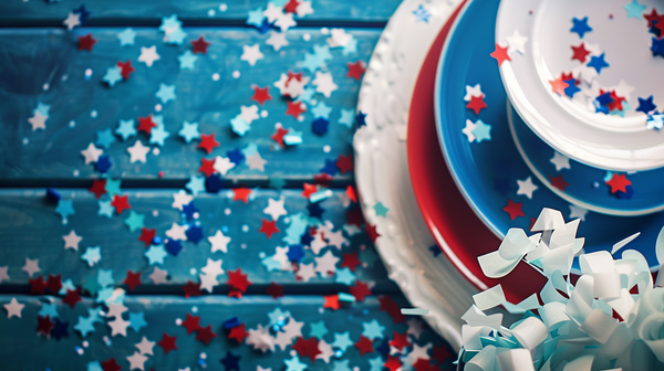 4th of July table with festive star confetti and plates.