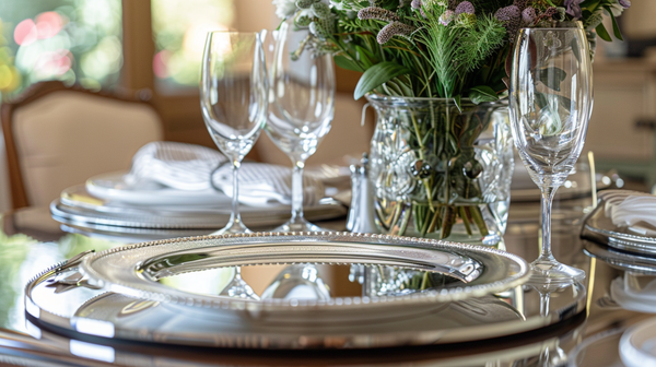 Reflective surface themed spring table decorations setup.