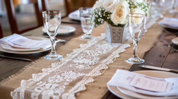 Chic Mother’s Day Decorations with roses on a lace runner.