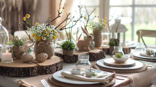 Rustic Easter table setting with natural burlap and wood materials