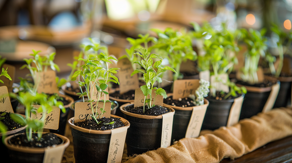 Herb seedlings as spring table decorations with tags.