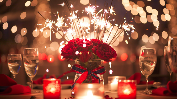 Sparkling 4th of July centerpiece with roses and sparklers.