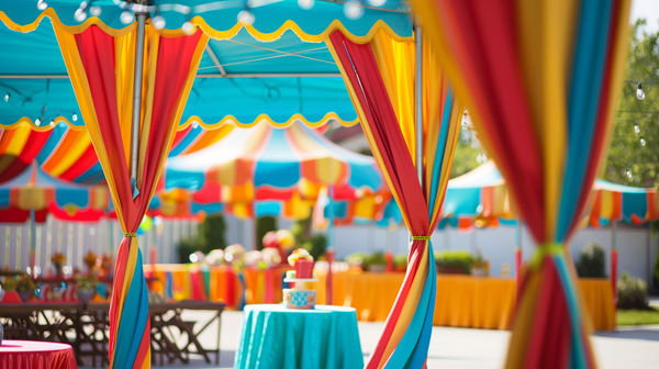 Festive spring carnival themes with colorful drapes and decor.