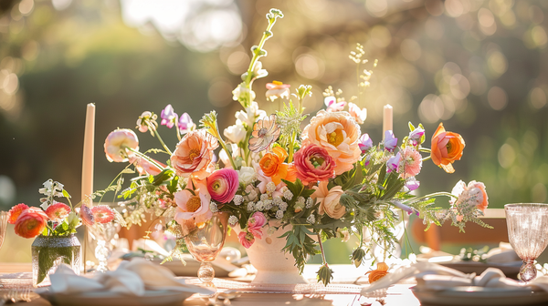 Spring themes glow at a golden hour garden dinner.