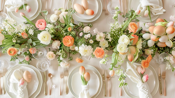 Pastel spring table decorations with flowers and eggs.