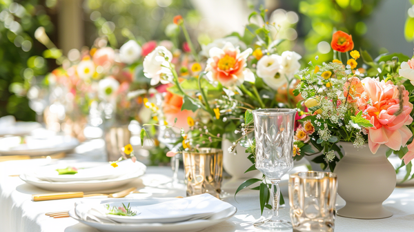 Elegant spring themes with fresh flowers for a bright table.