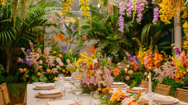 Spring themes: A lush table setting with vibrant tropical flowers.
