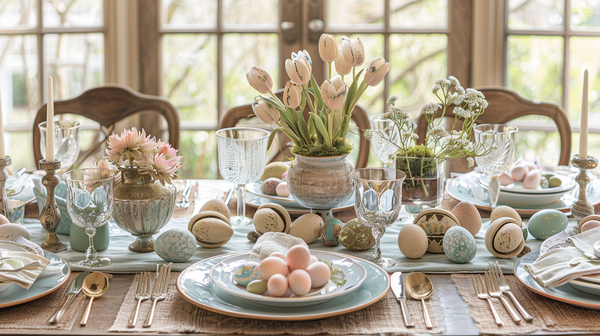 Easter Table Settings With Antique Trinkets And Table Decor