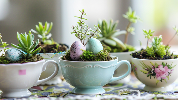 Easter Table Setting Featuring Teacup Terrariums