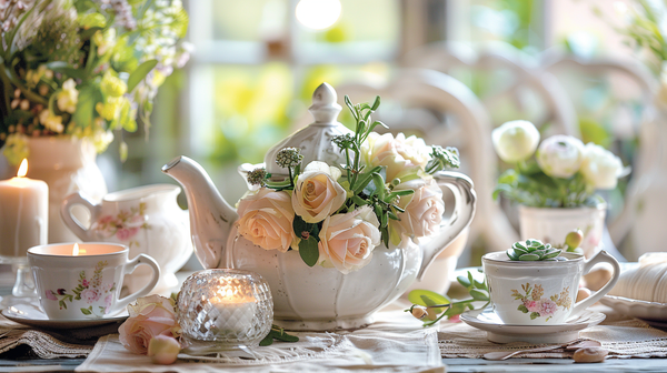 Mother’s Day Decoration with roses and tea for cozy ambiance