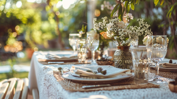 Spring table decorations featuring textured table linens.