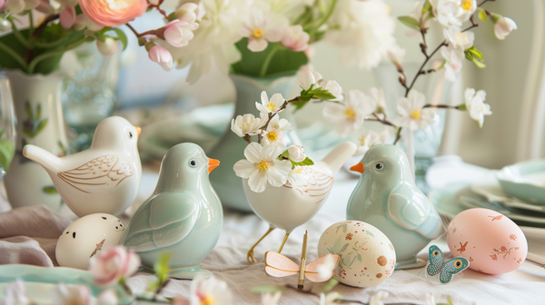 Baby bird themed spring table decorations setup