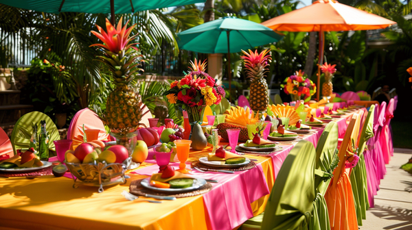 Tropical spring themes with vibrant, festive table settings.