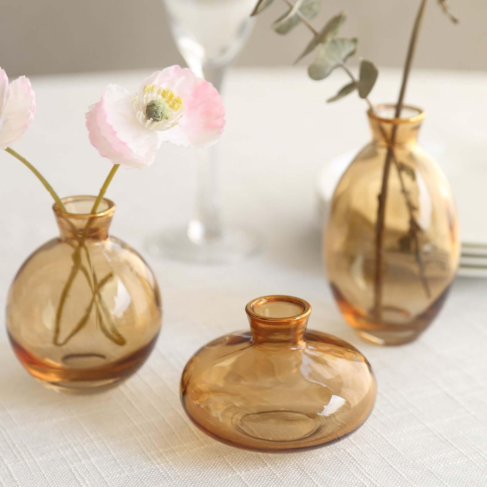 Image of Set of 3 Small Gold Glass Flower Vases With Metallic Gold Rim