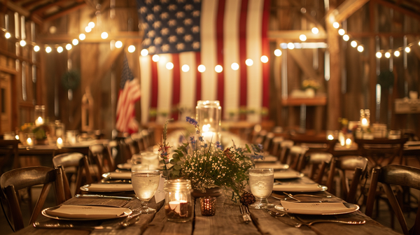 4th of July rustic barn setup with American flags and warm lighting.