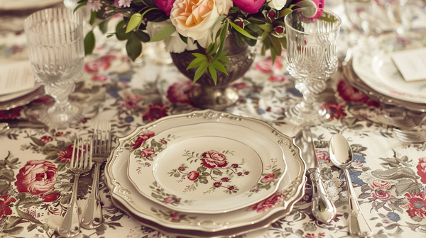 Vintage floral plates for Mother's Day brunch table setting
