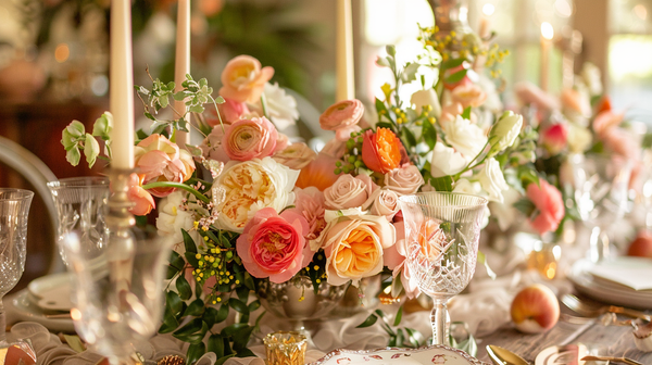 Floral dining table arrangement for Mother's Day party ideas.