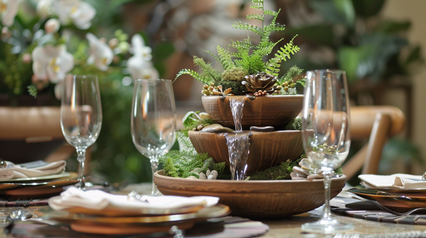 Tabletop fountain centerpiece of a spring table decorations setup