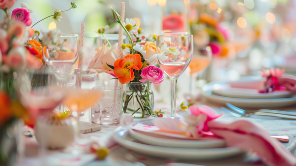 An whimsical spring table decor with a focus on floral beauty and soft pastel tones