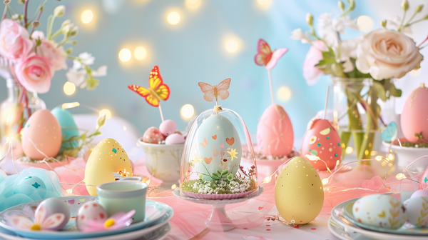 Whimsically themed Easter table setting with pastel colors