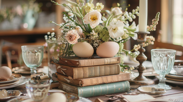 Antique Book Stacks Themed Easter Table Setting