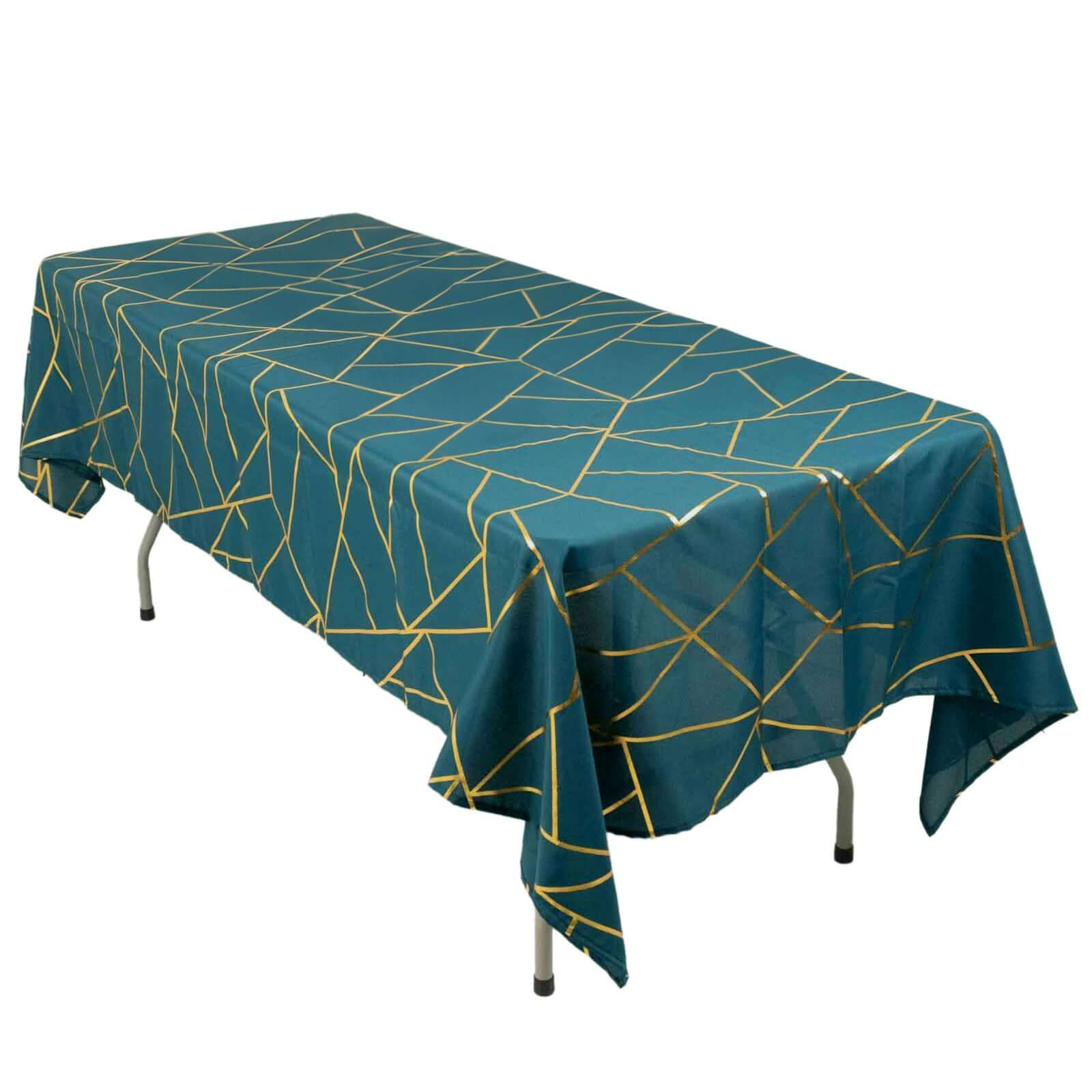 Polyester 60"x102" Rectangle Tablecloth Peacock Teal with Gold Foil Geometric Pattern - Wrinkle-Resistant & Durable Table Cover