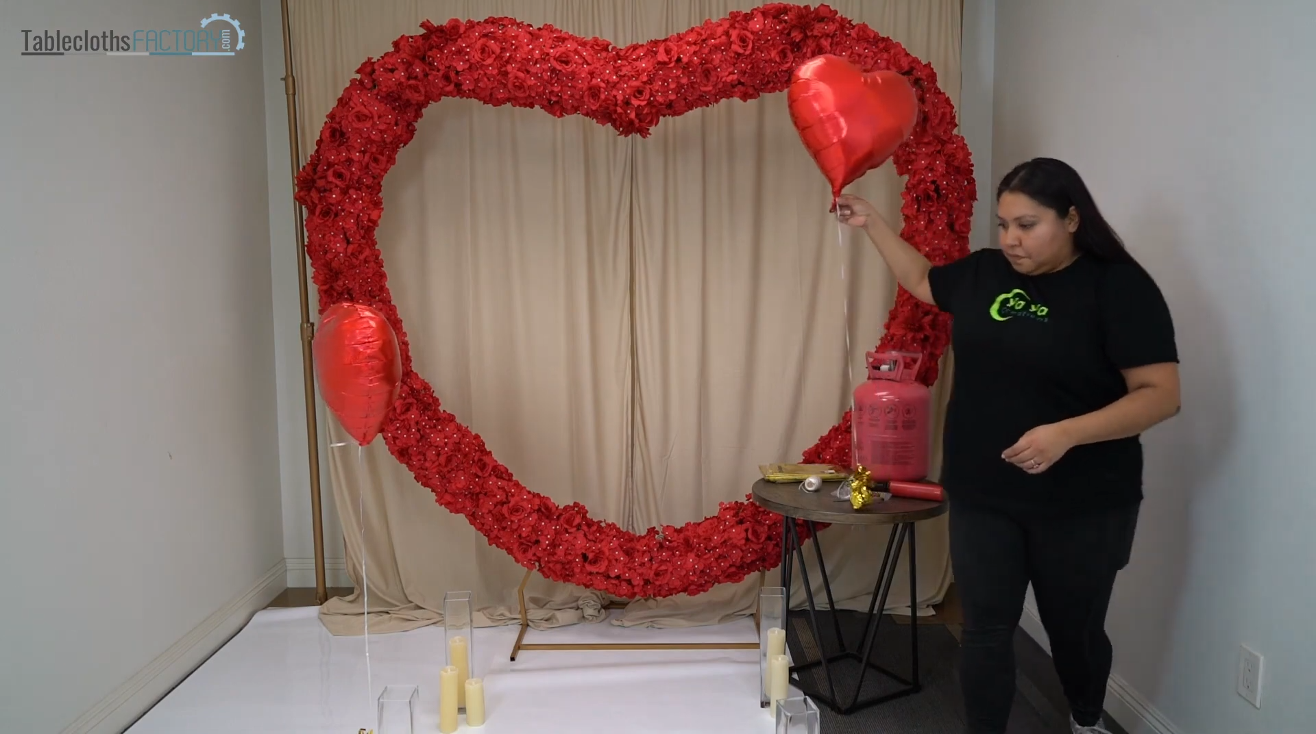 Heart Mylar foil balloons with backdrop decor