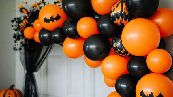 A vibrant orange and black balloon arch decorations for Halloween.