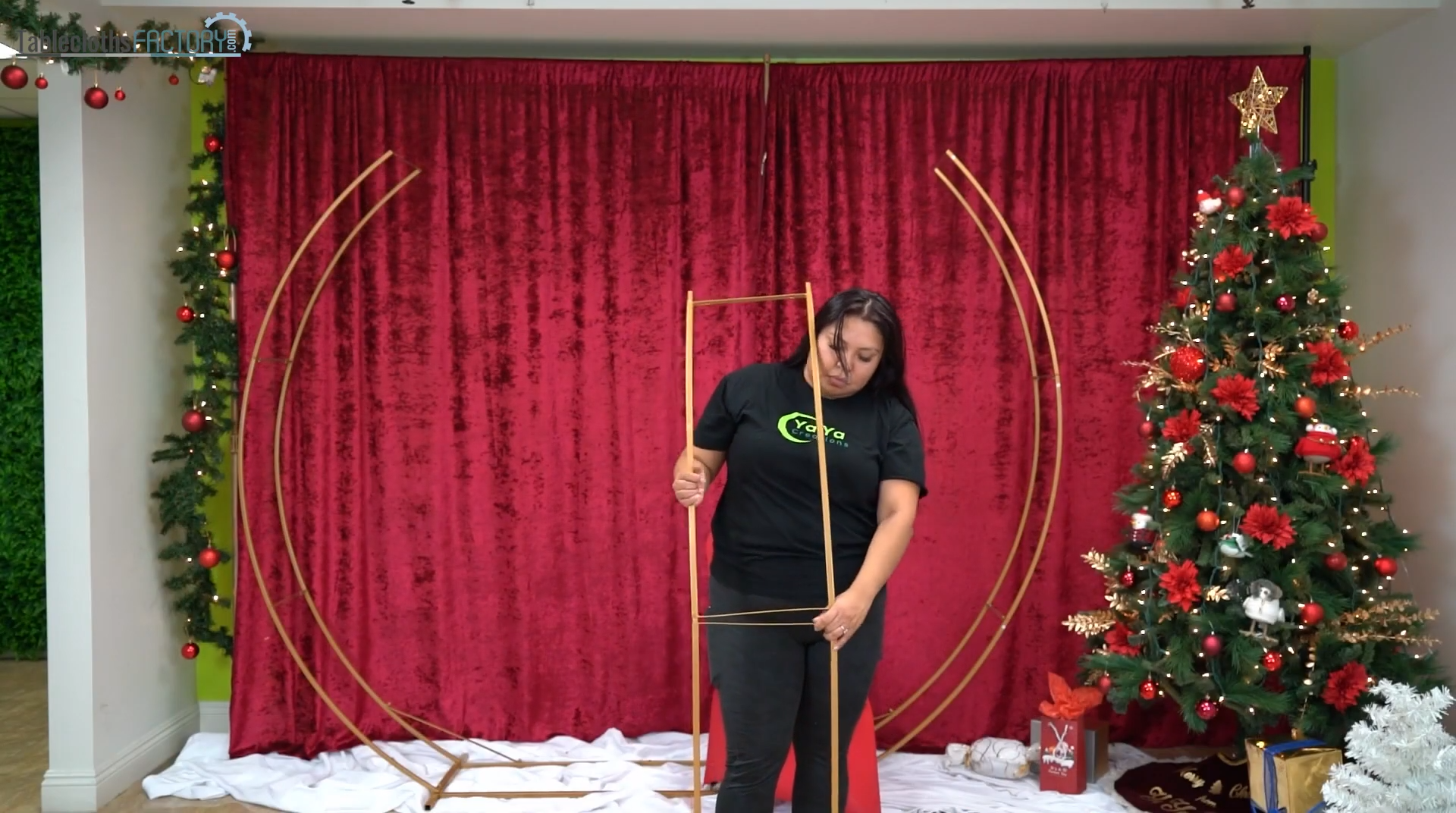 Christmas decor with red curtain backdrop