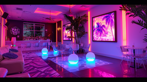 A modern lounge with LED glowing chairs, neon lights, and 70s theme party decorations.